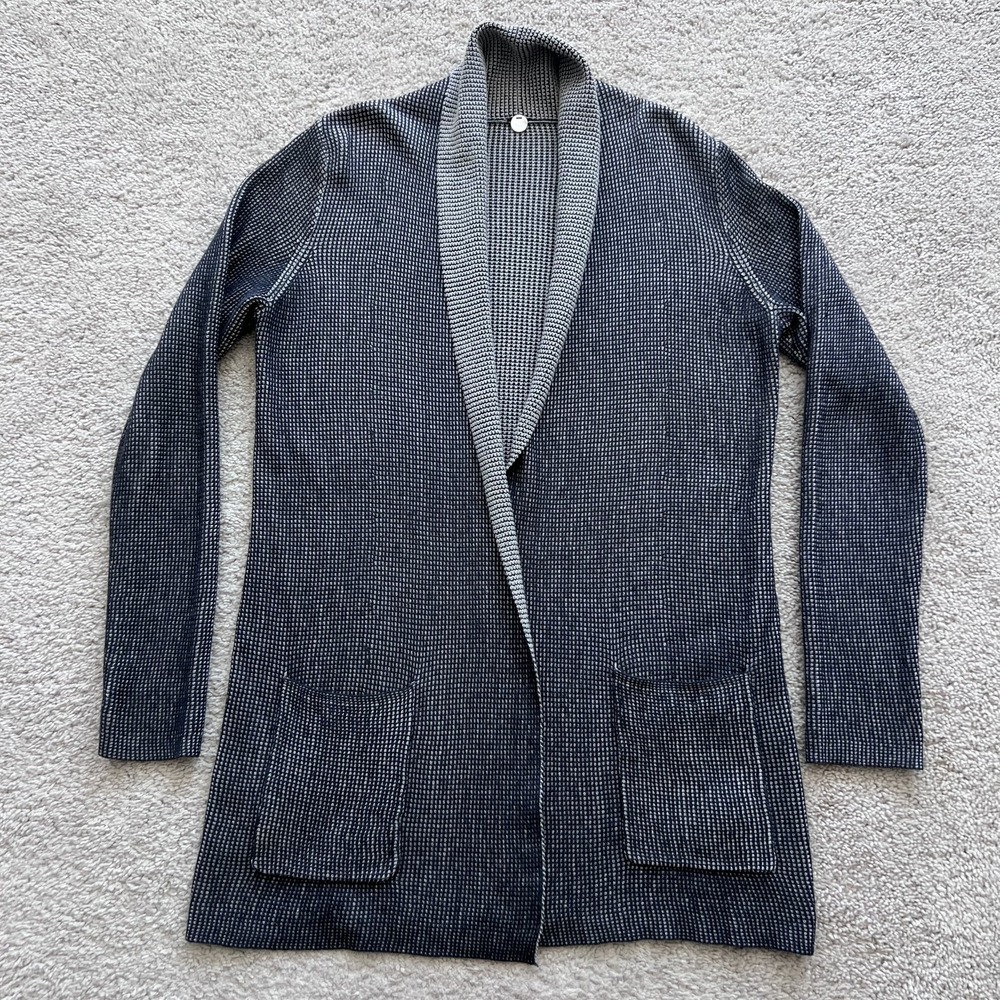 Margaret O'Leary Two Tone Open Front Cardigan Sweater Womens M Blue Pockets